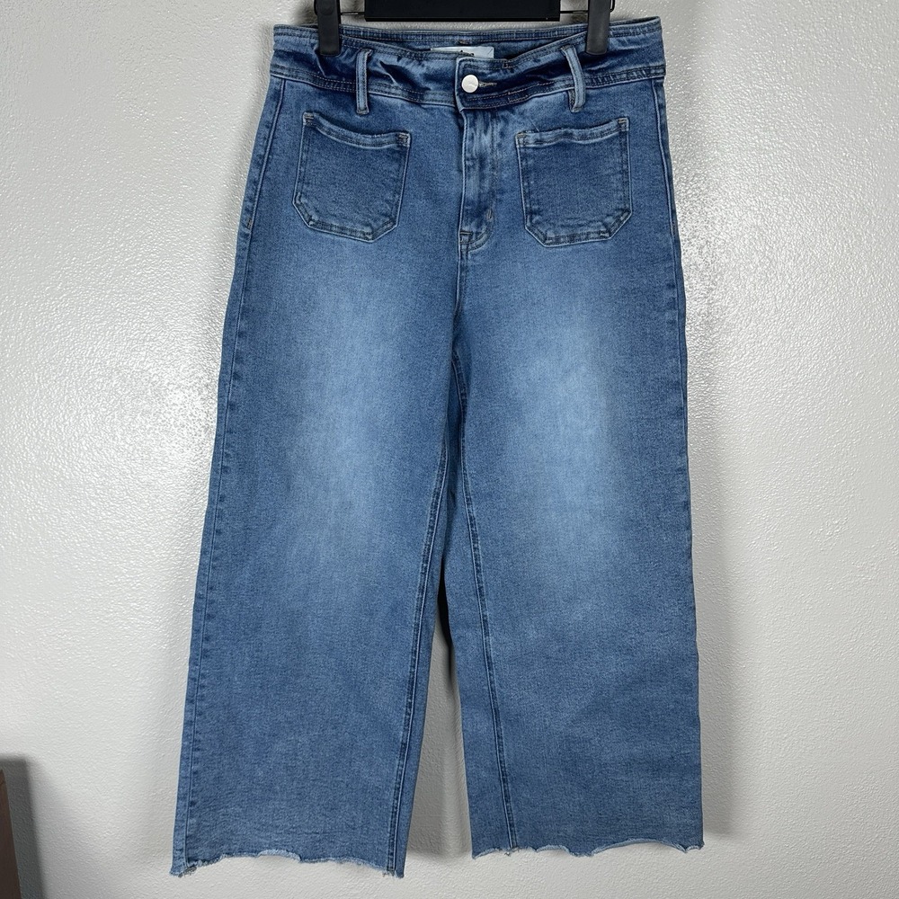 Mica Denim Jeans Size 29 Wide Leg Crop Raw Hem Patch Pockets Medium Wash Stretch